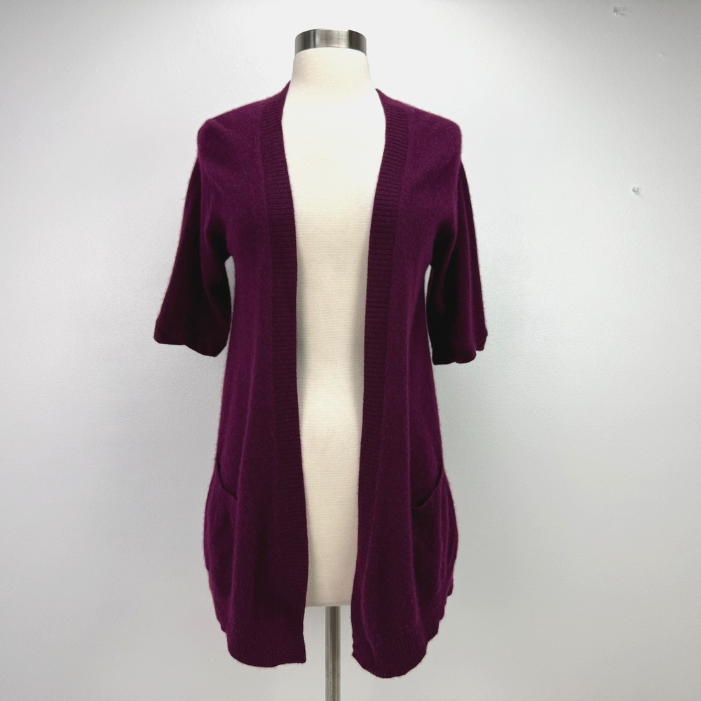 LOFT 100% Cashmere Cardigan Tunic Sweater Short Sleeve XS Wine Purple Open Front